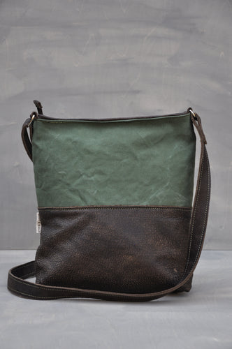 Vintage Crossbody Bag - Reclaimed Canvas & Leather (Green / Buffed Brown)