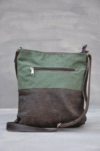 Vintage Crossbody Bag - Reclaimed Canvas & Leather (Green / Buffed Brown)