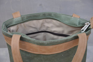 Vintage Tote  - Reclaimed Canvas & Leather (Green / Beige)