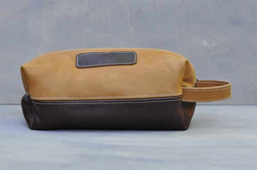 Toiletry bag - Full leather two tone (Tan/choc brown)