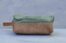 Load image into Gallery viewer, Toiletry bag - Full leather and reclaimed canvas (Tan/green)