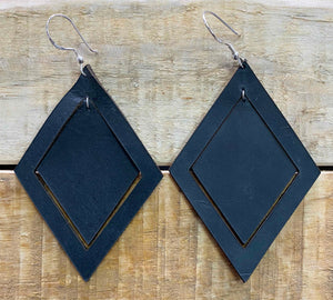 Earings  Double diamond Leather ( Black )