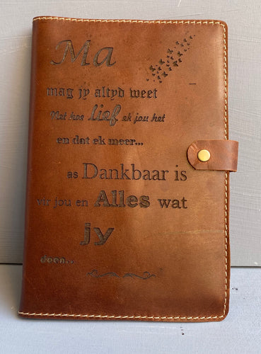 Leather Book cover A4( Tabacco ) Engraved Afrikaans